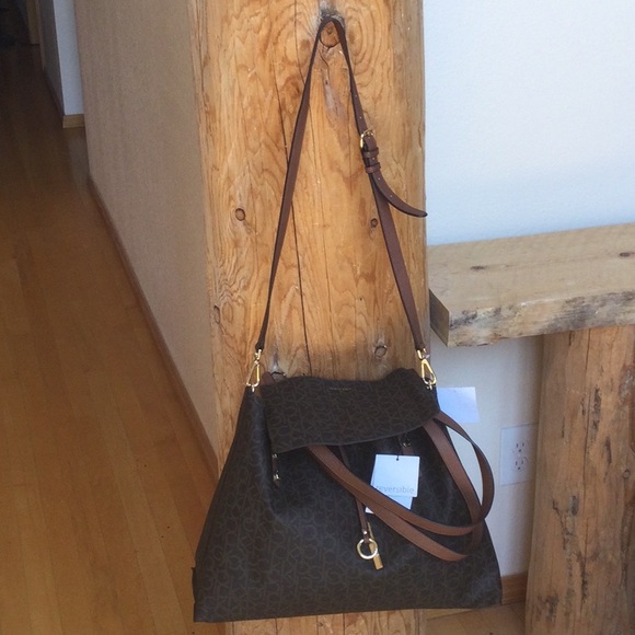 NWT Calvin Klein Brown Gold Monogram Reversible Crossbody Purse Tote - Picture 2 of 16